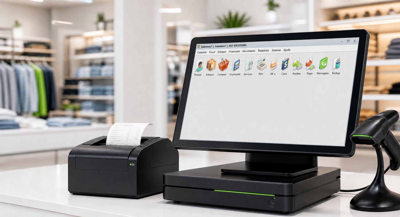 Sistema PDV S7 com interface real de módulos, impressora térmica e leitor de código de barras