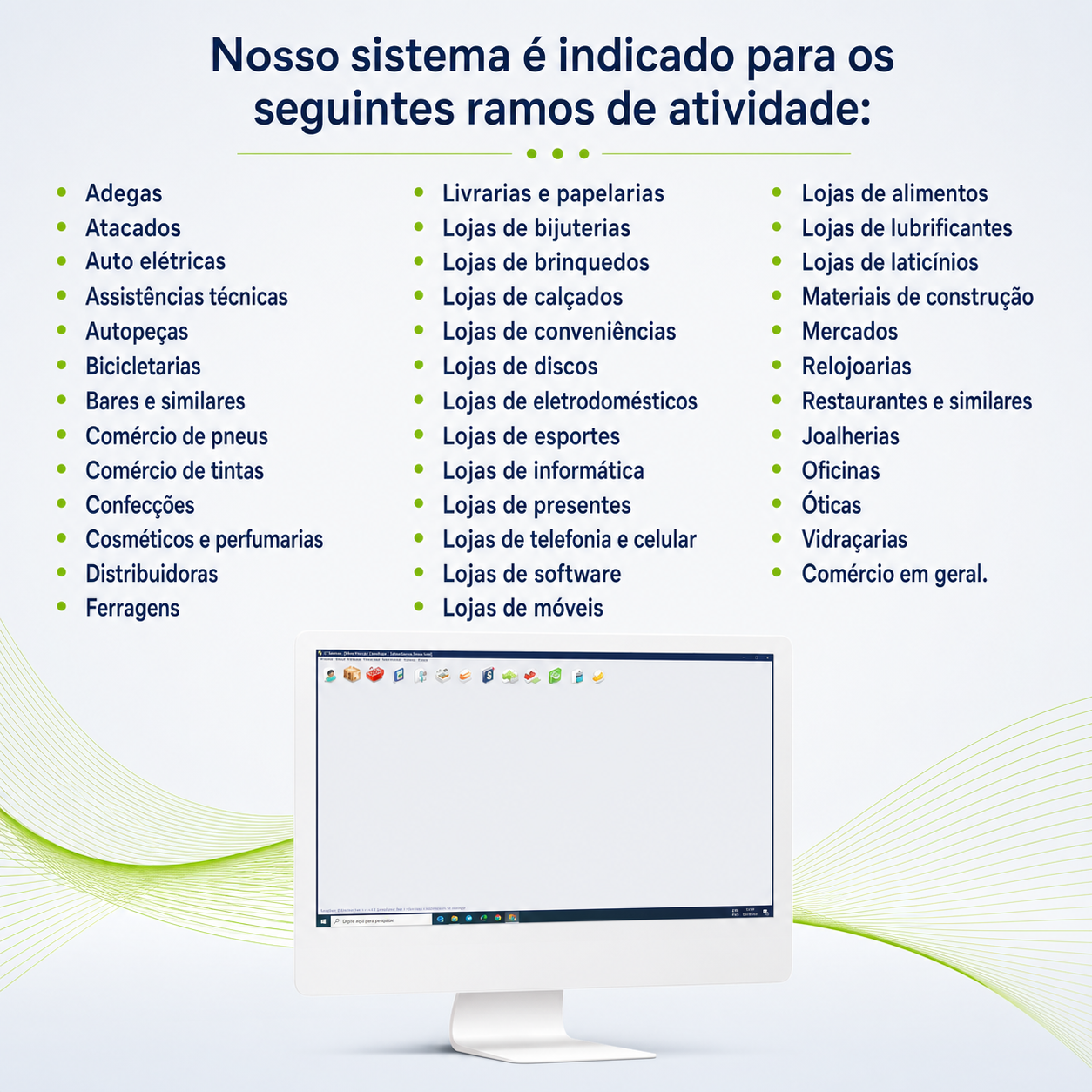 Ramos de atividade atendidos pelo S7 Sistemas, com tela do sistema de gestão
